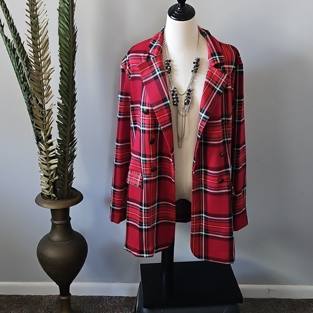 Maurices Red, Black, and White Plaid Blazer NWOT